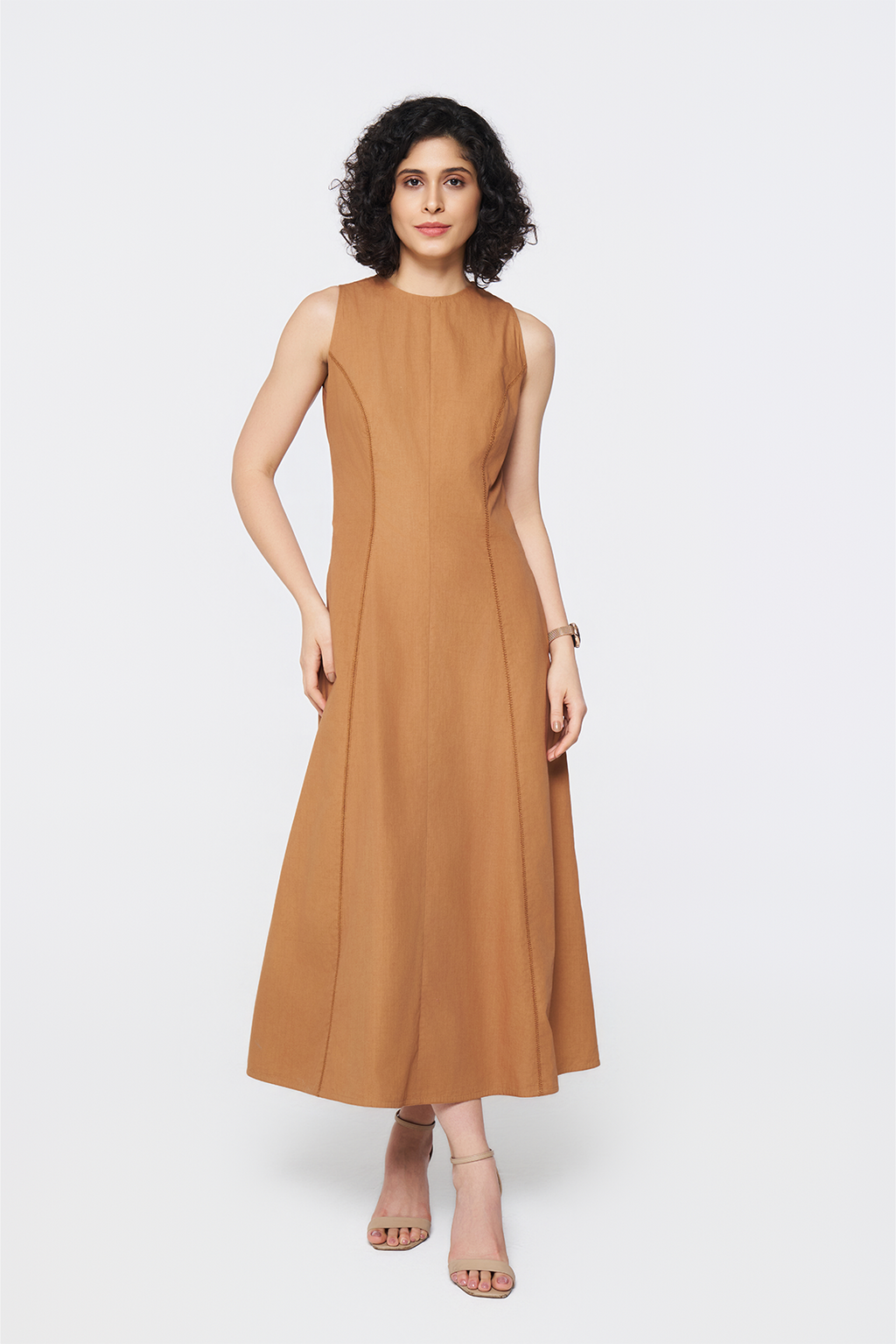 Rust Horizon Linen-Blend Midi Dress