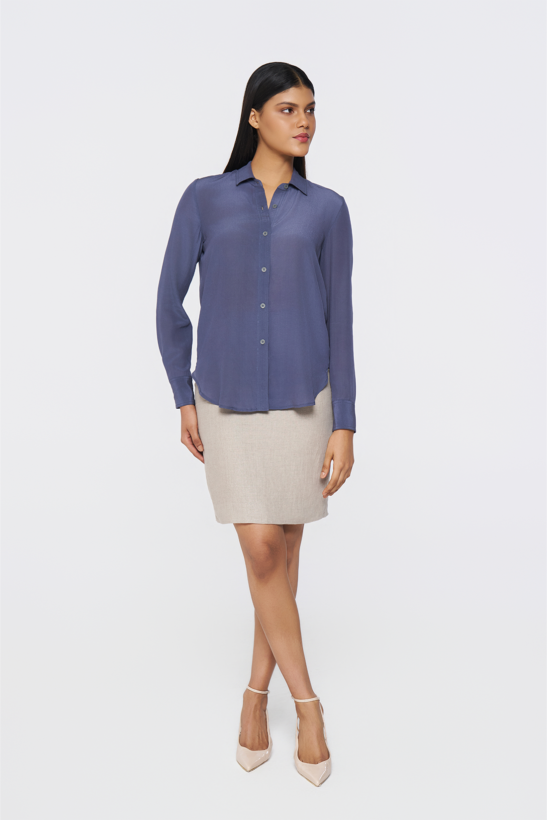 Charcoal Blue Long-Sleeve Button-Down Blouse