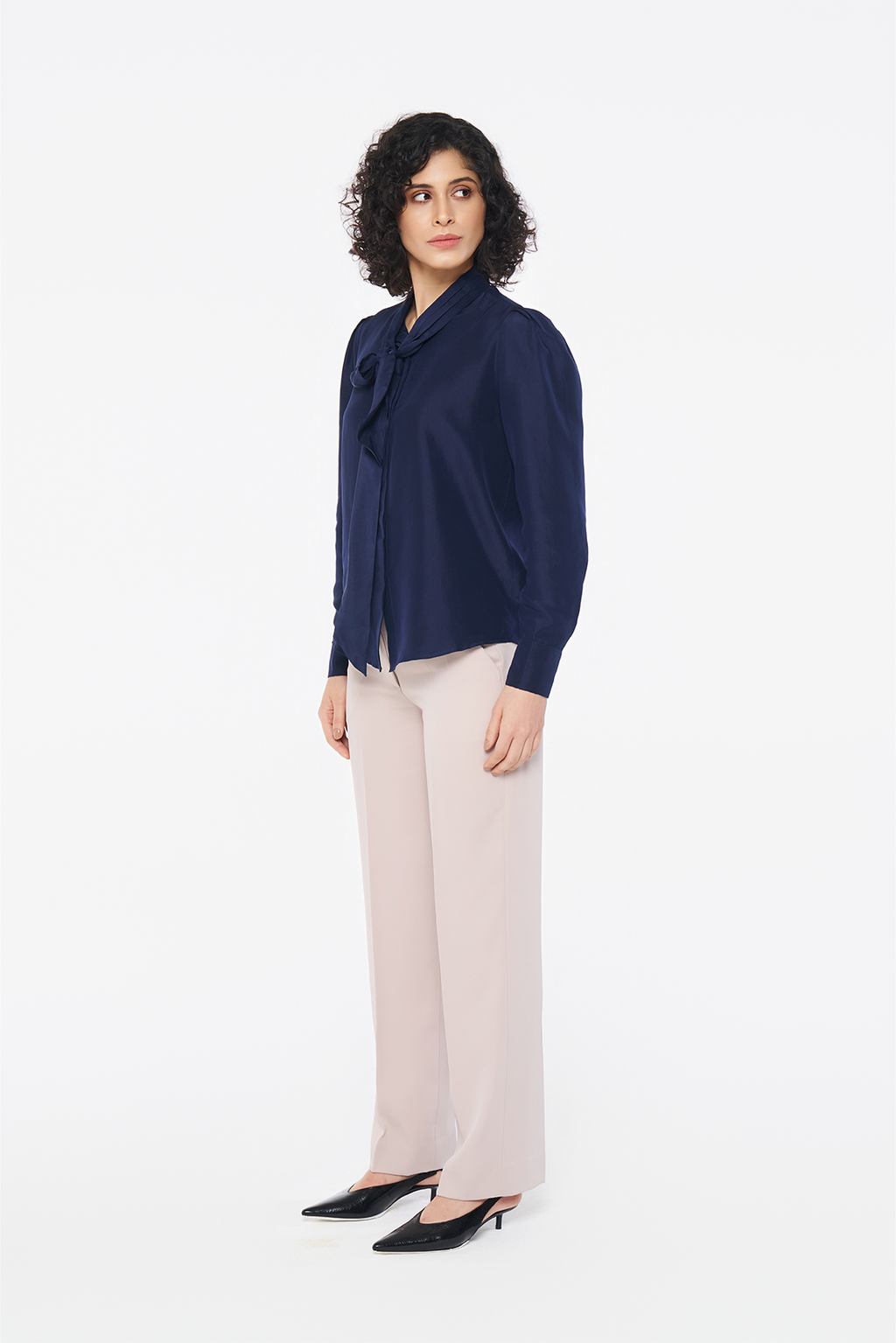 Navy Silk Tie-Neck Blouse
