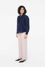 Navy Silk Tie-Neck Blouse