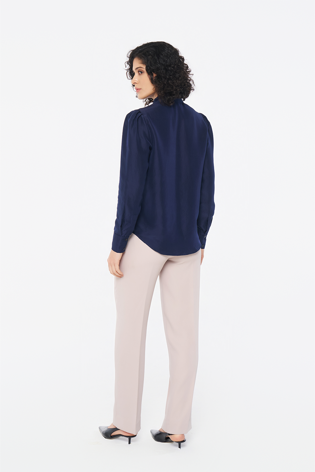 Navy Silk Tie-Neck Blouse