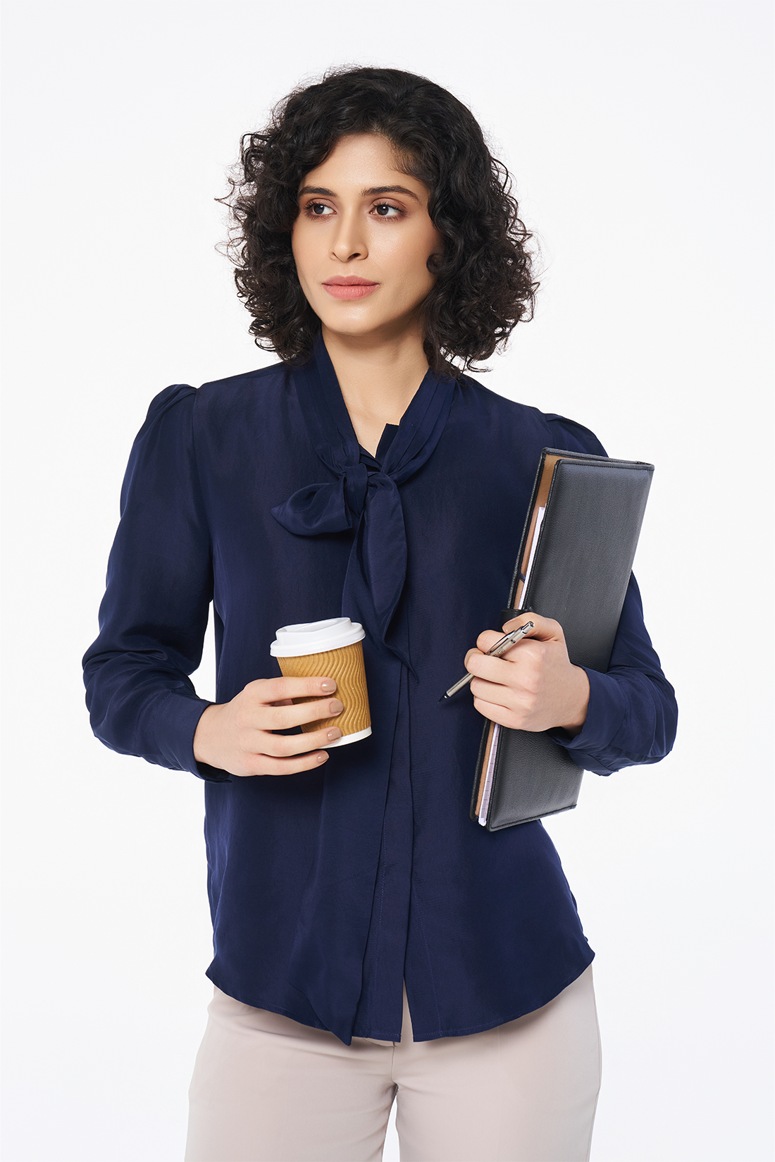 Navy Silk Tie-Neck Blouse