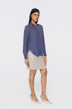 Charcoal Blue Long-Sleeve Button-Down Blouse