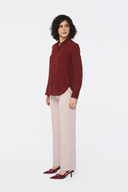 Brick Red Long-Sleeve Button-Down Blouse
