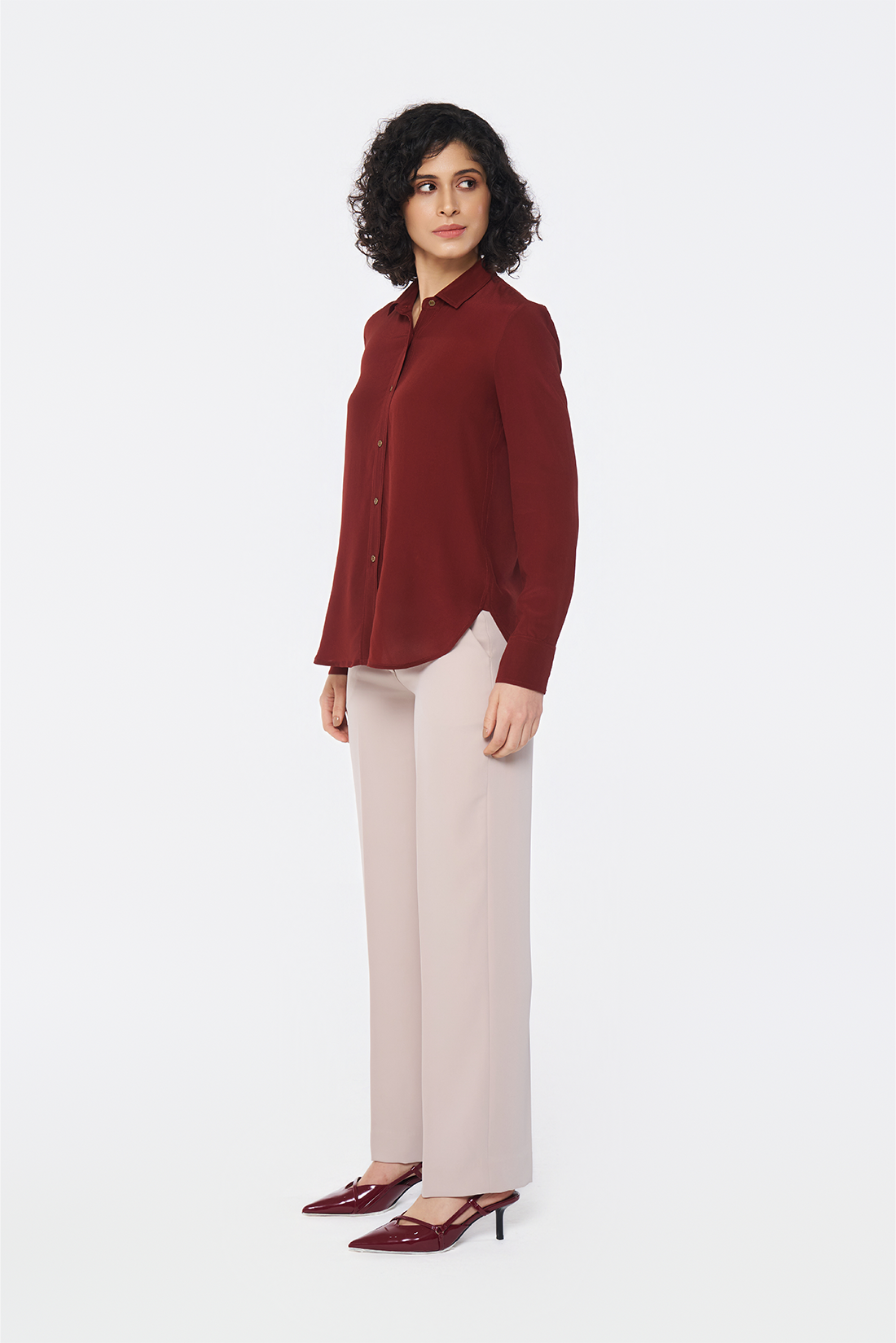 Brick Red Long-Sleeve Button-Down Blouse