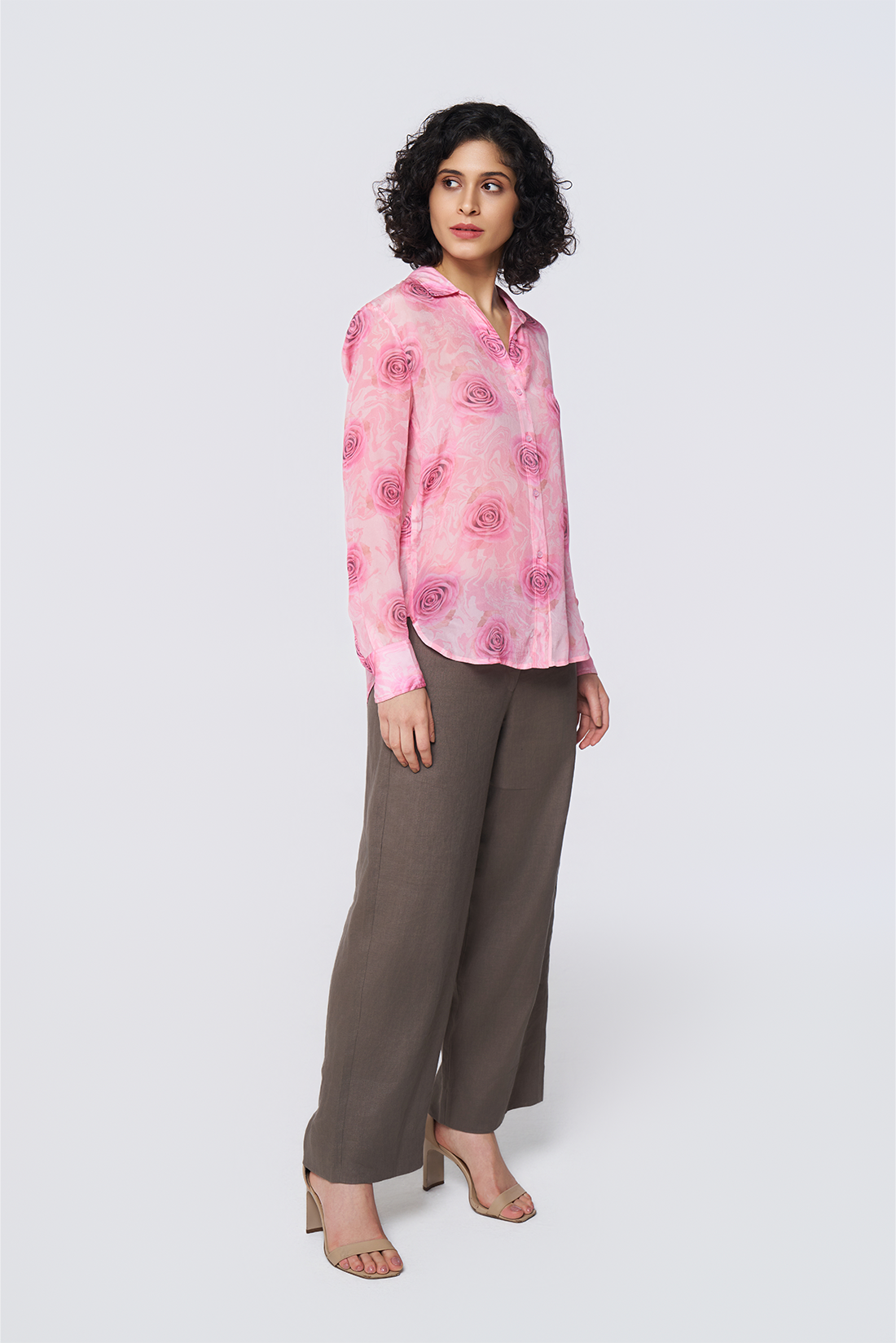 Pink Printed Long-Sleeve Button-Down Blouse