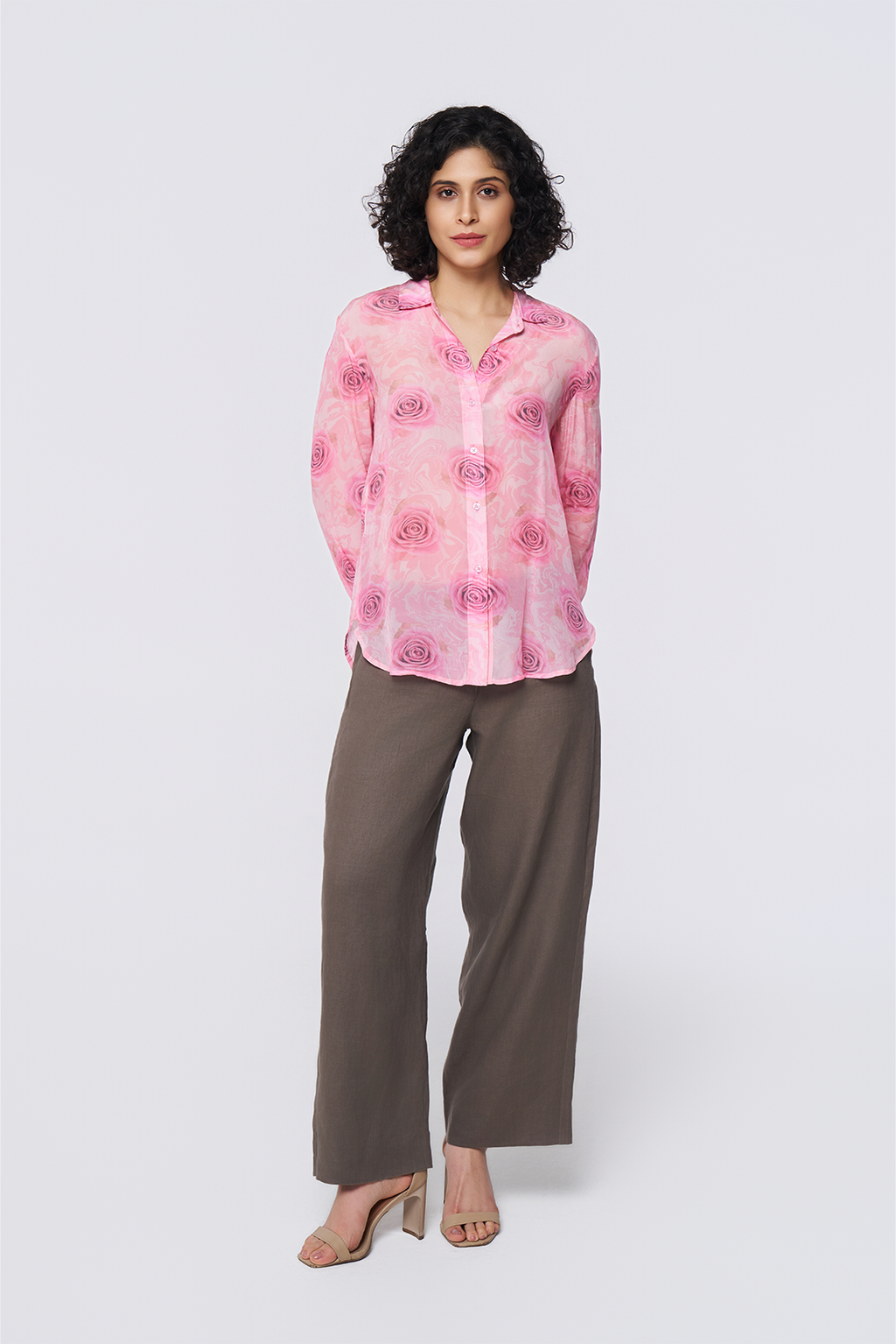 Pink Printed Long-Sleeve Button-Down Blouse
