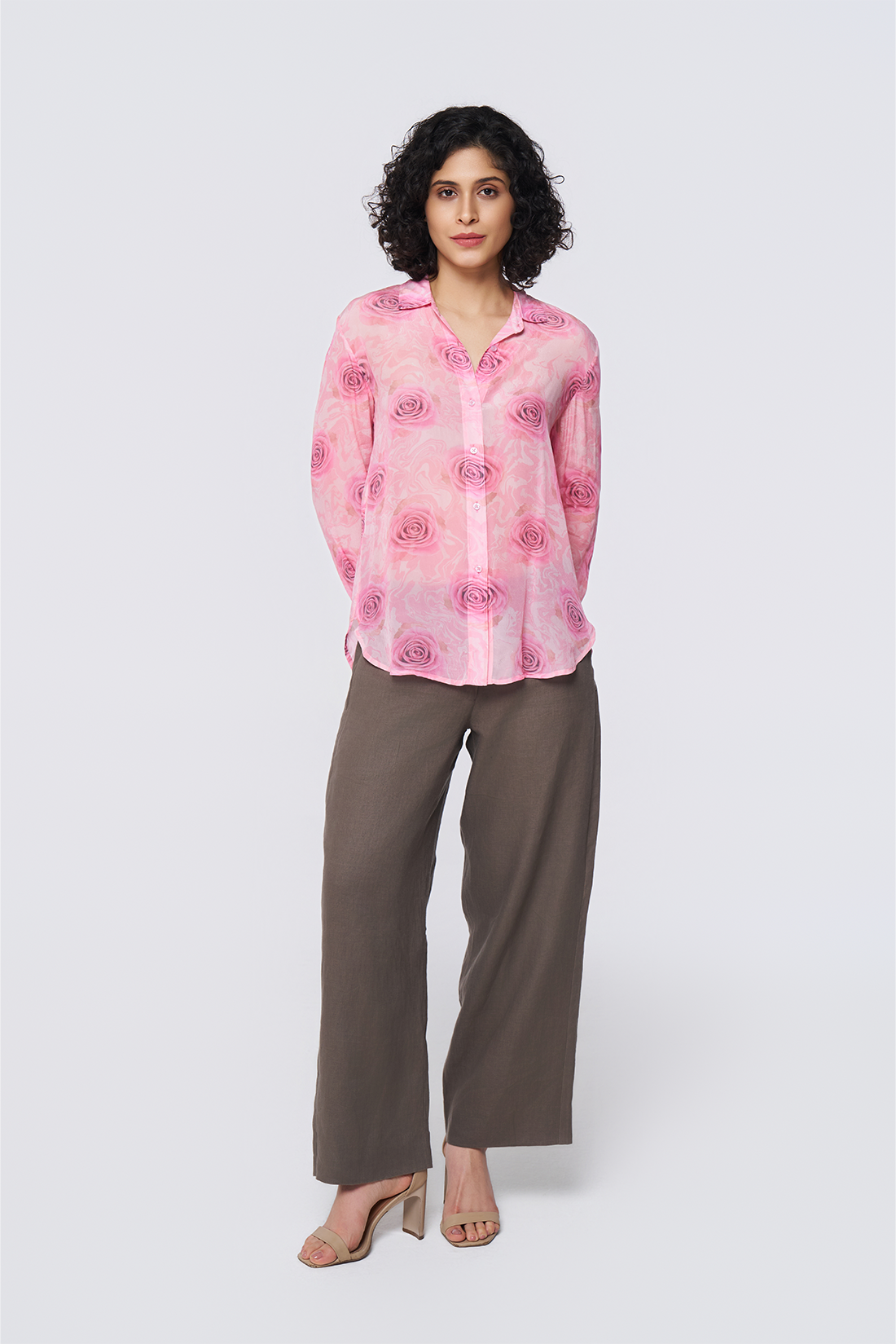 Pink Printed Long-Sleeve Button-Down Blouse
