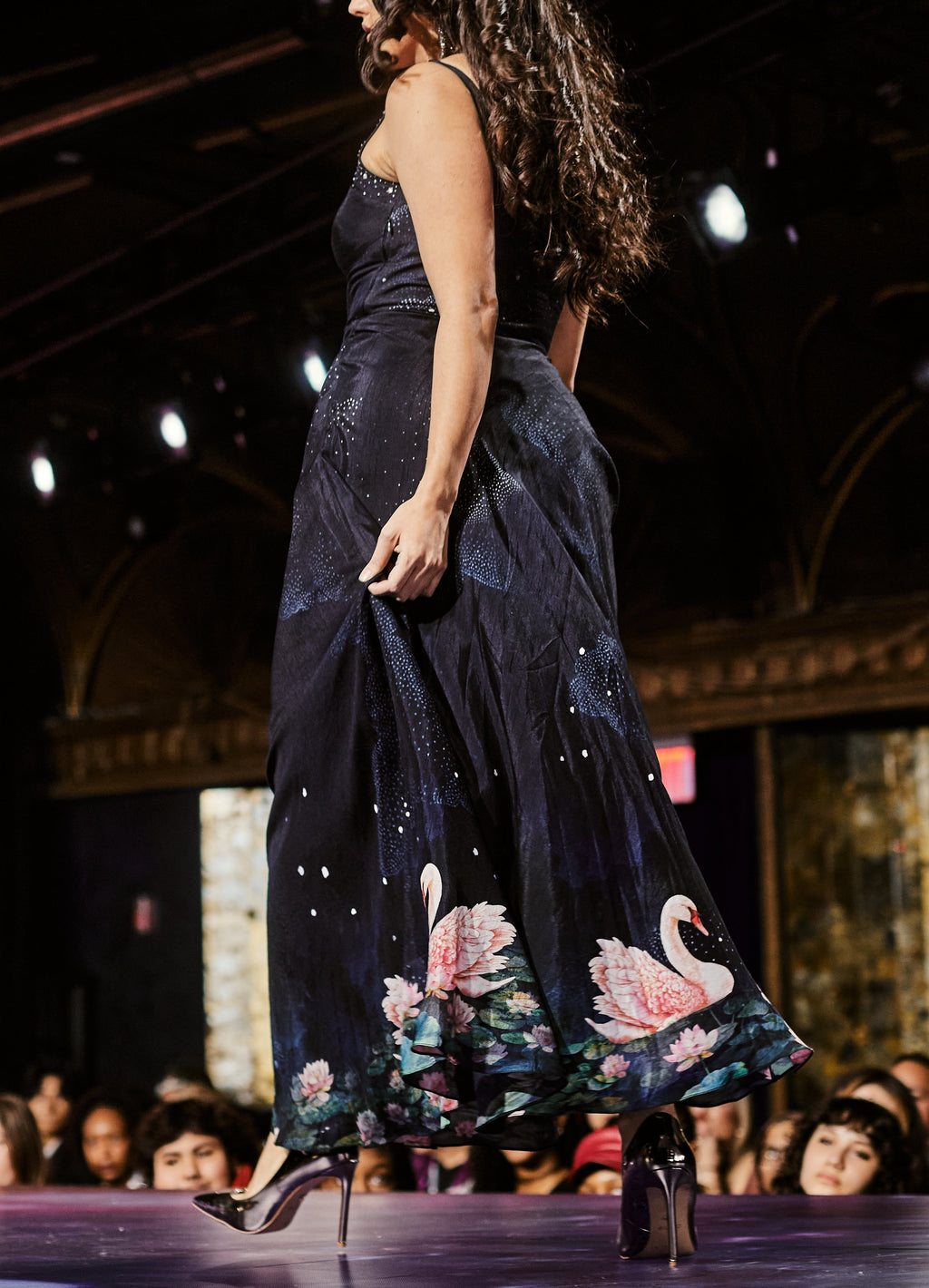 Navy Midnight Swan Embroidered Printed  Midi Dress