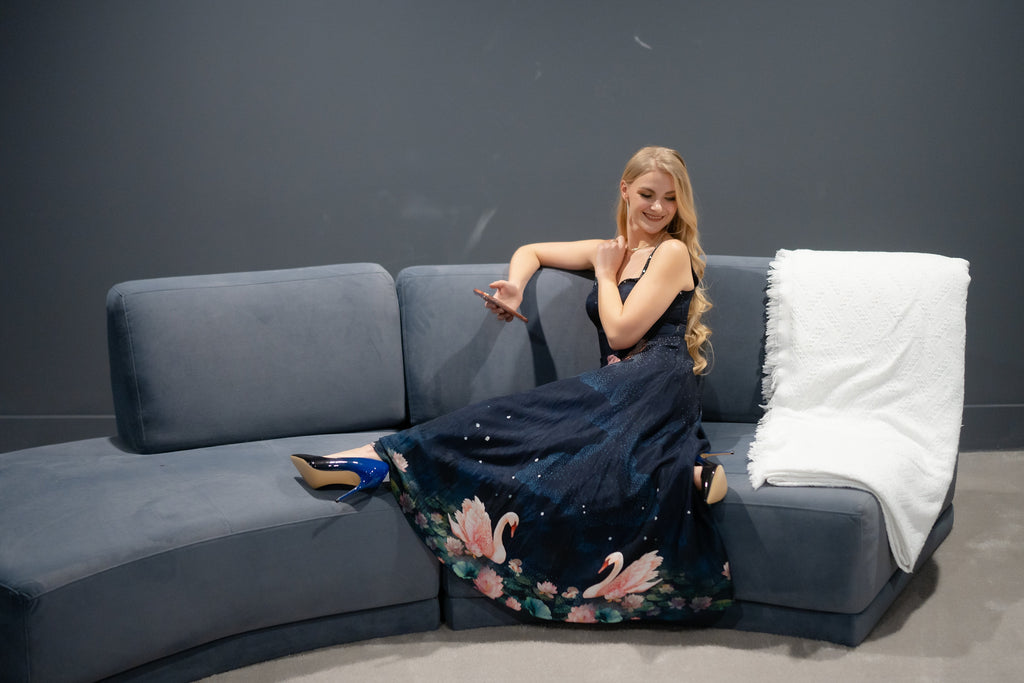 Navy Midnight Swan Embroidered Printed  Midi Dress