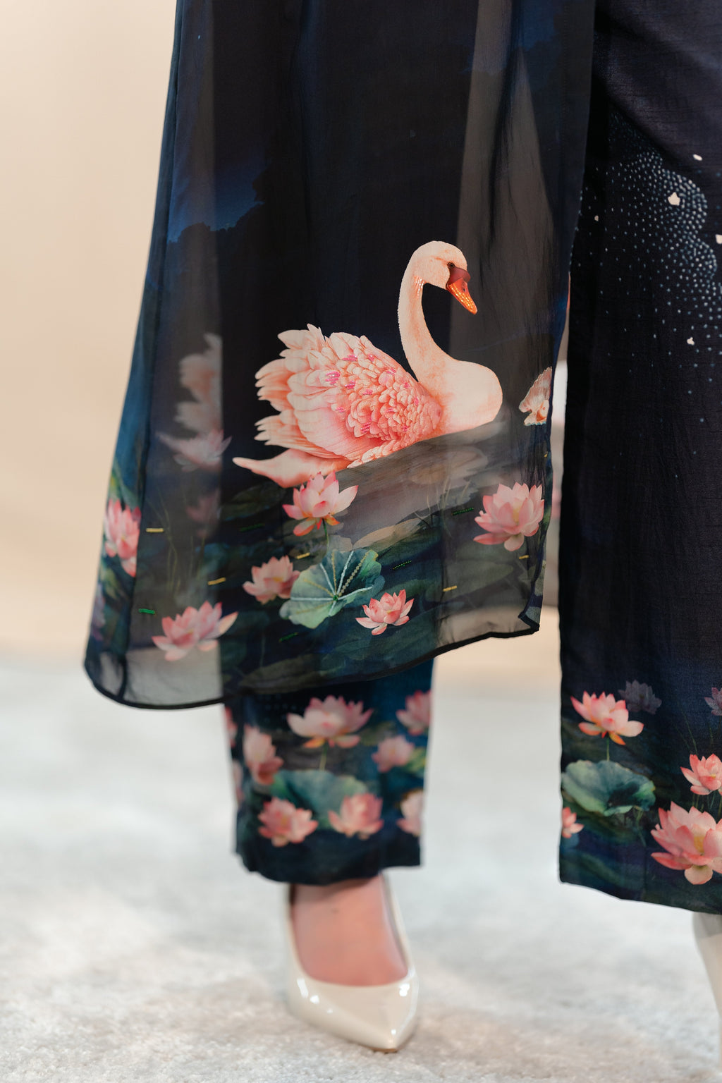 Navy Midnight Swan Embroidered Jumpsuit with Cape