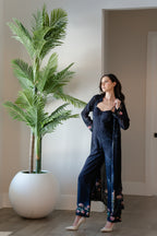 Navy Midnight Swan Embroidered Jumpsuit with Cape
