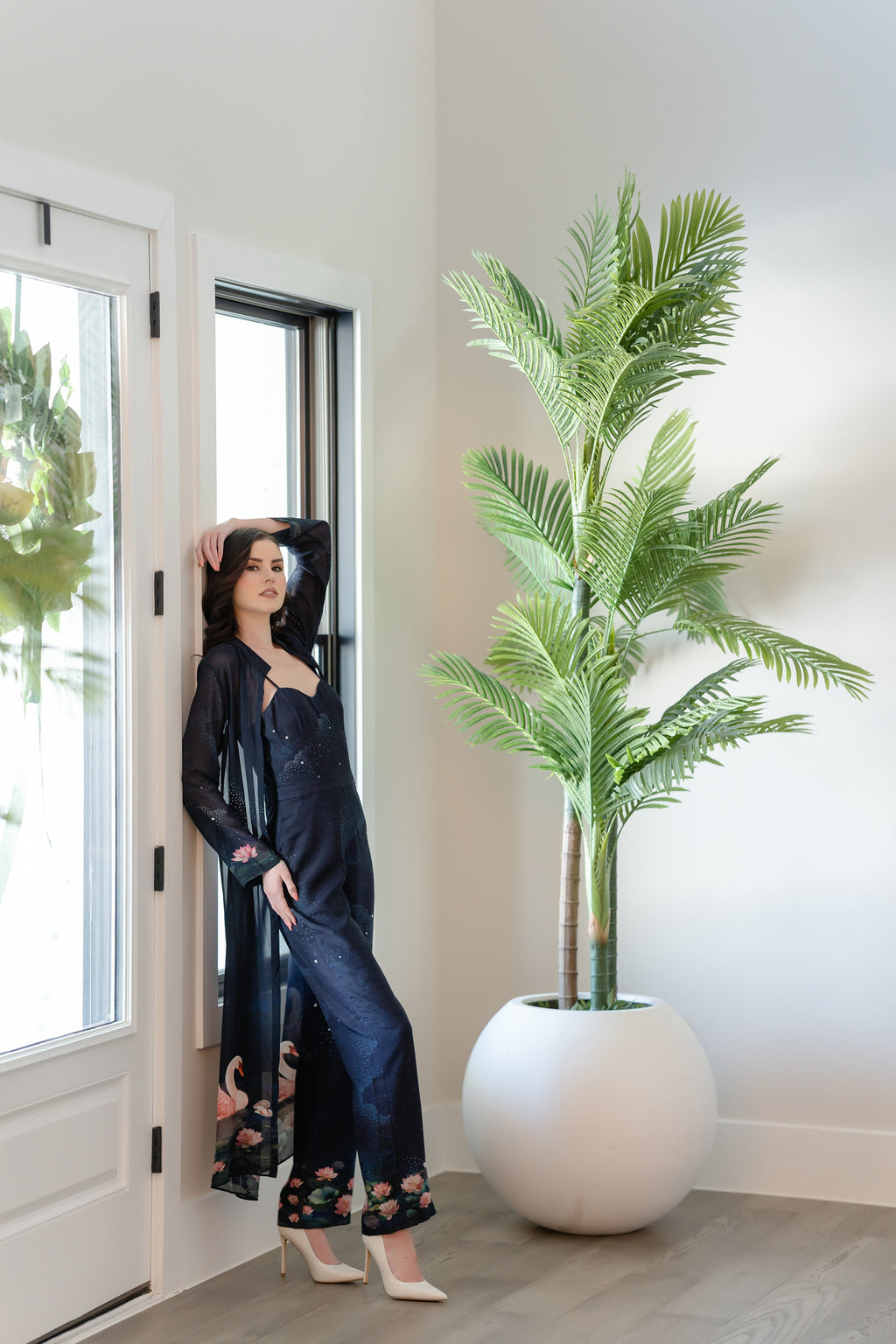 Navy Midnight Swan Embroidered Jumpsuit with Cape