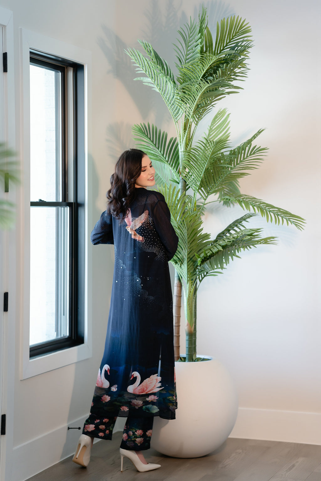 Navy Midnight Swan Embroidered Jumpsuit with Cape