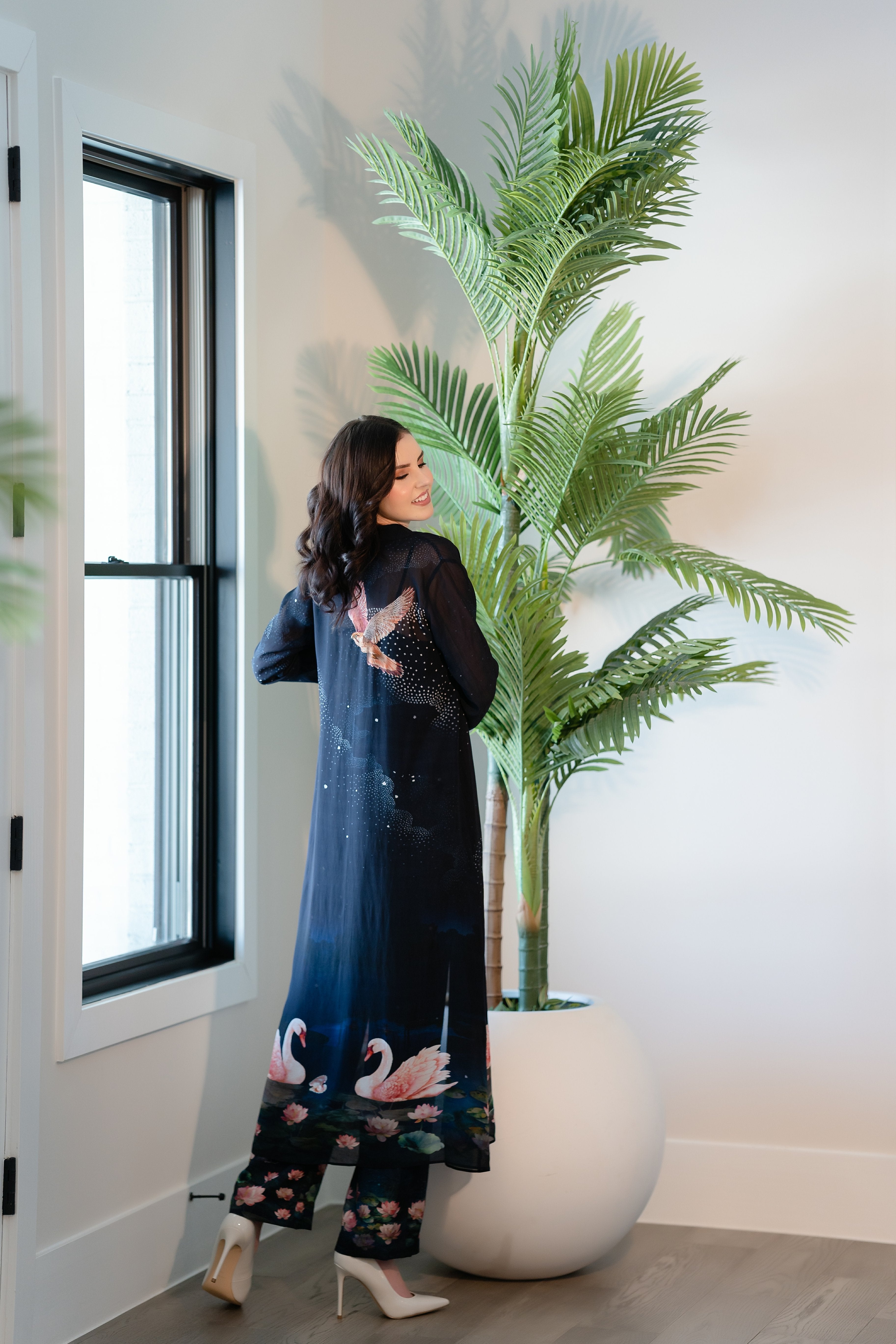 Navy Midnight Swan Embroidered Jumpsuit with Cape