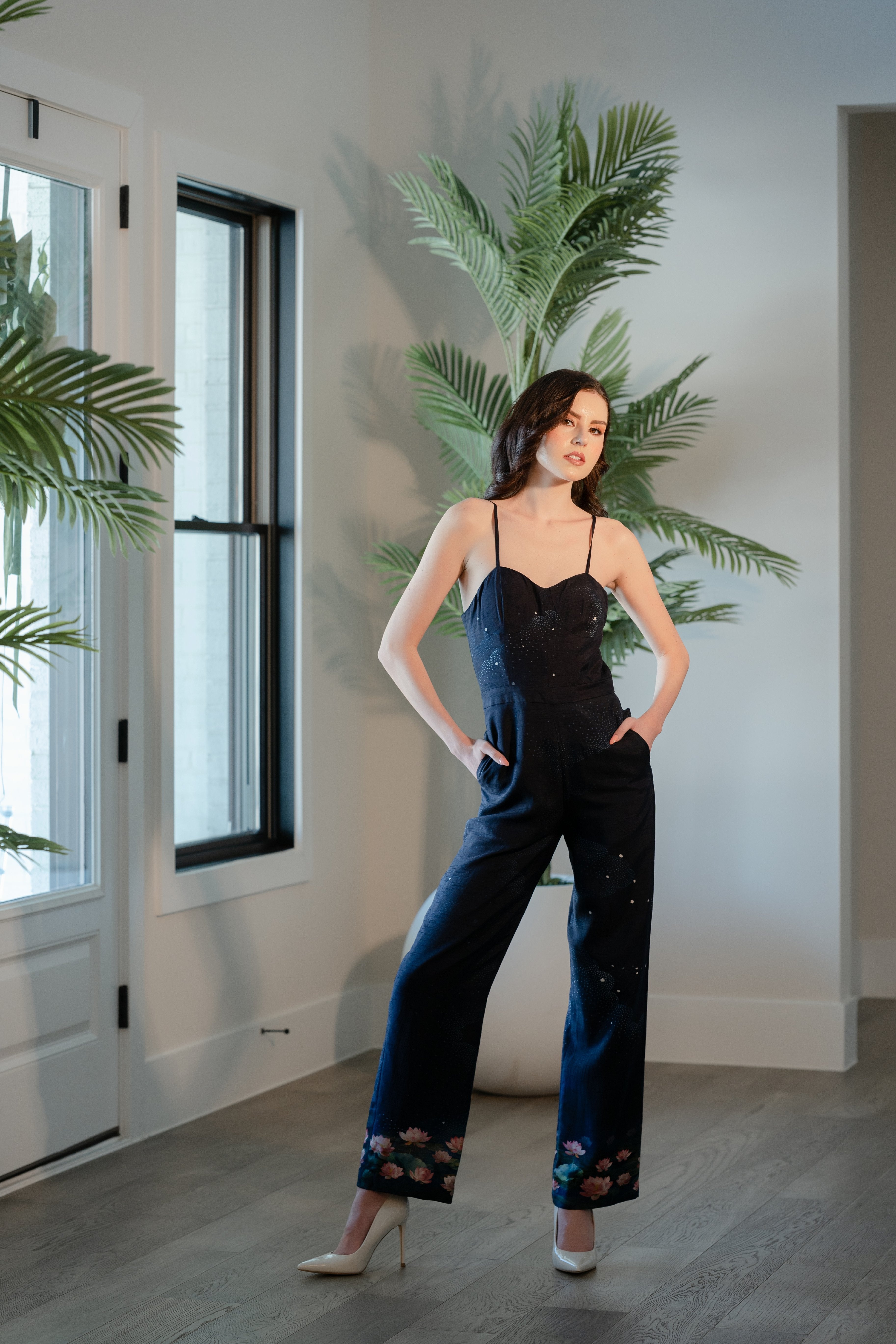 Navy Midnight Swan Embroidered Jumpsuit