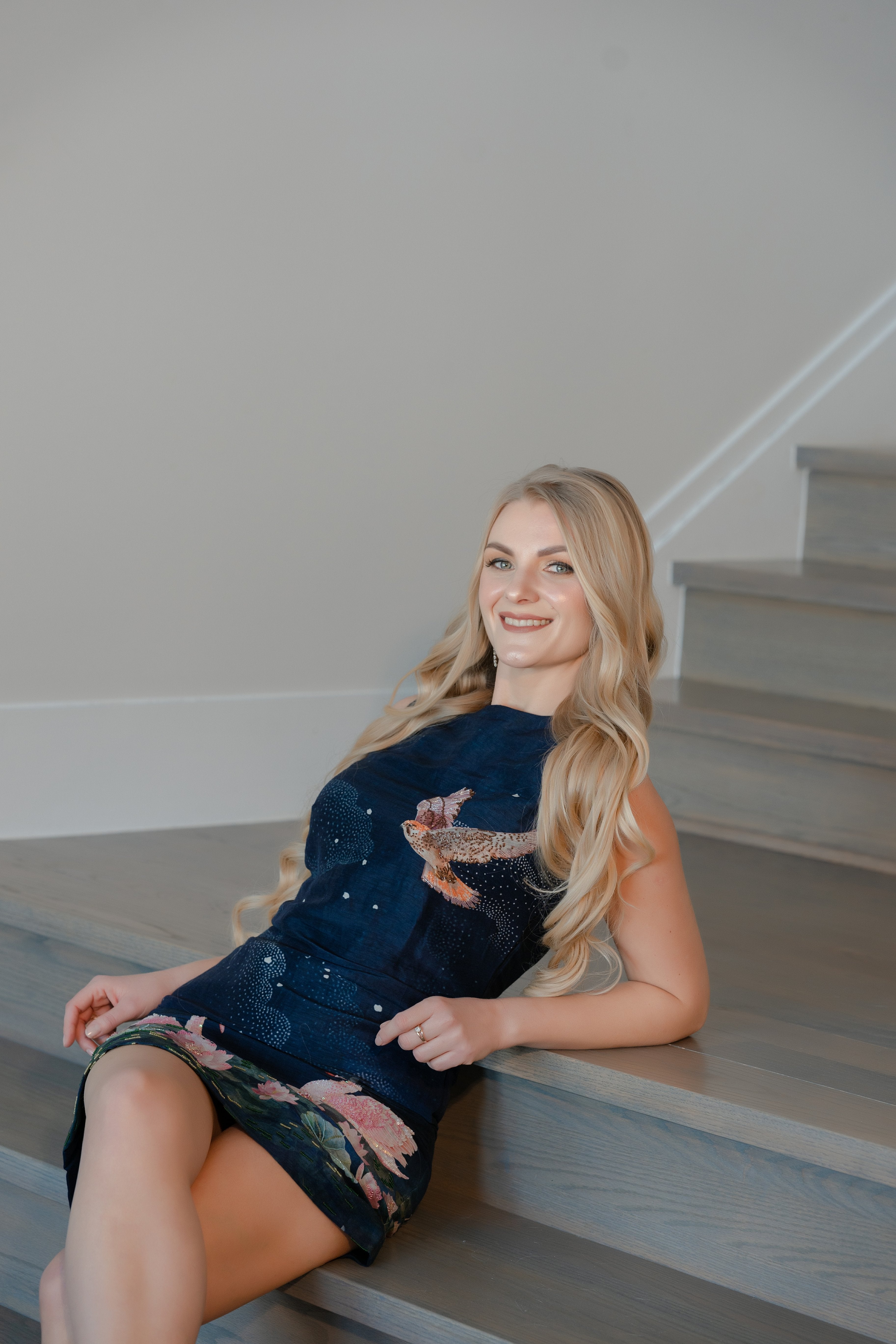 Navy Midnight Swan Embroidered Printed Sheath Dress