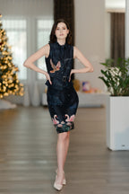 Navy Midnight Swan Embroidered Printed Top and Skirt Set