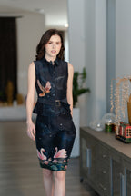 Navy Midnight Swan Embroidered Printed Top and Skirt Set