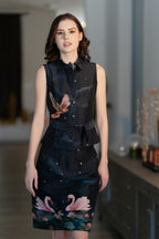 Navy Midnight Swan Embroidered Printed Top and Skirt Set