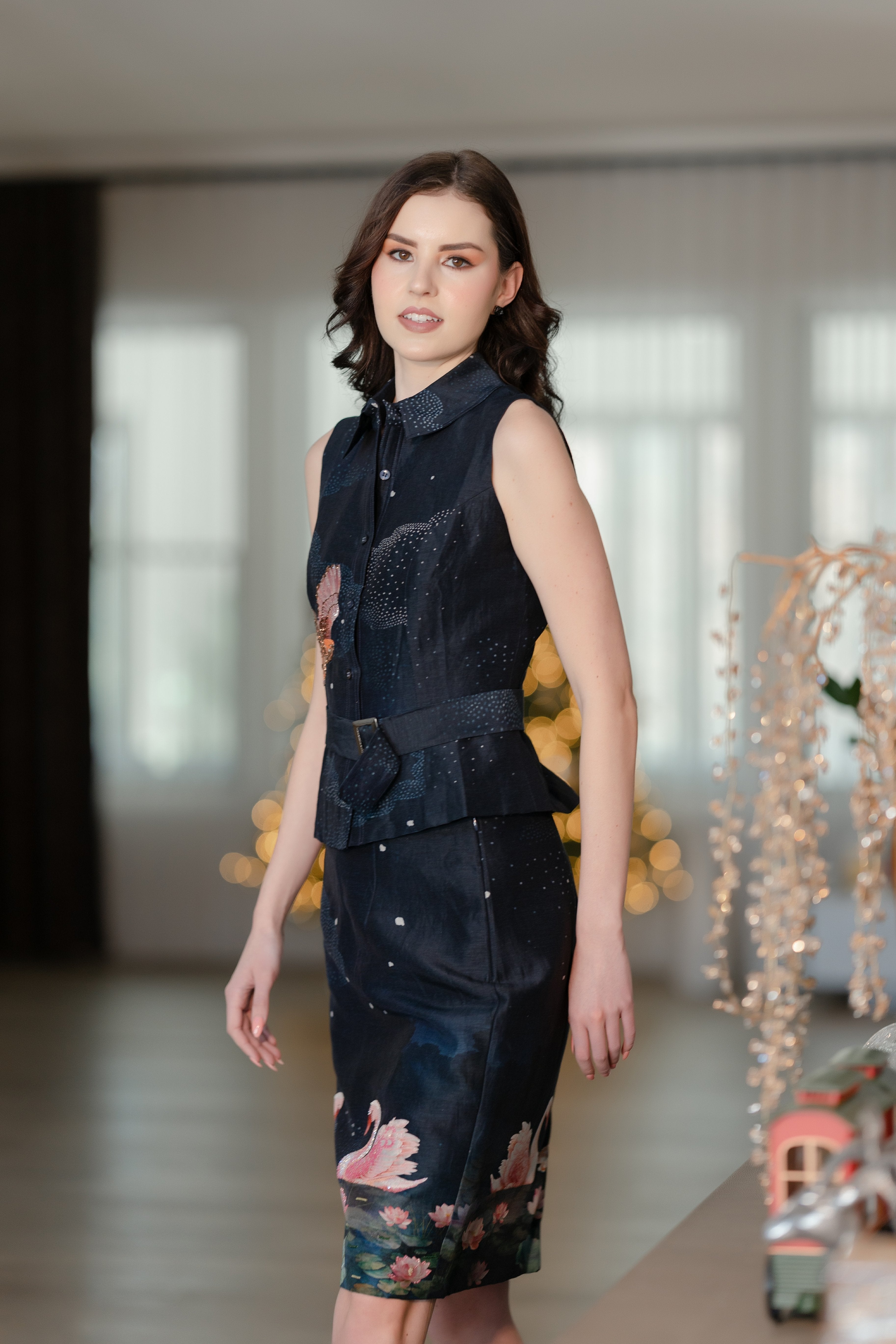 Navy Midnight Swan Embroidered Printed Top and Skirt Set