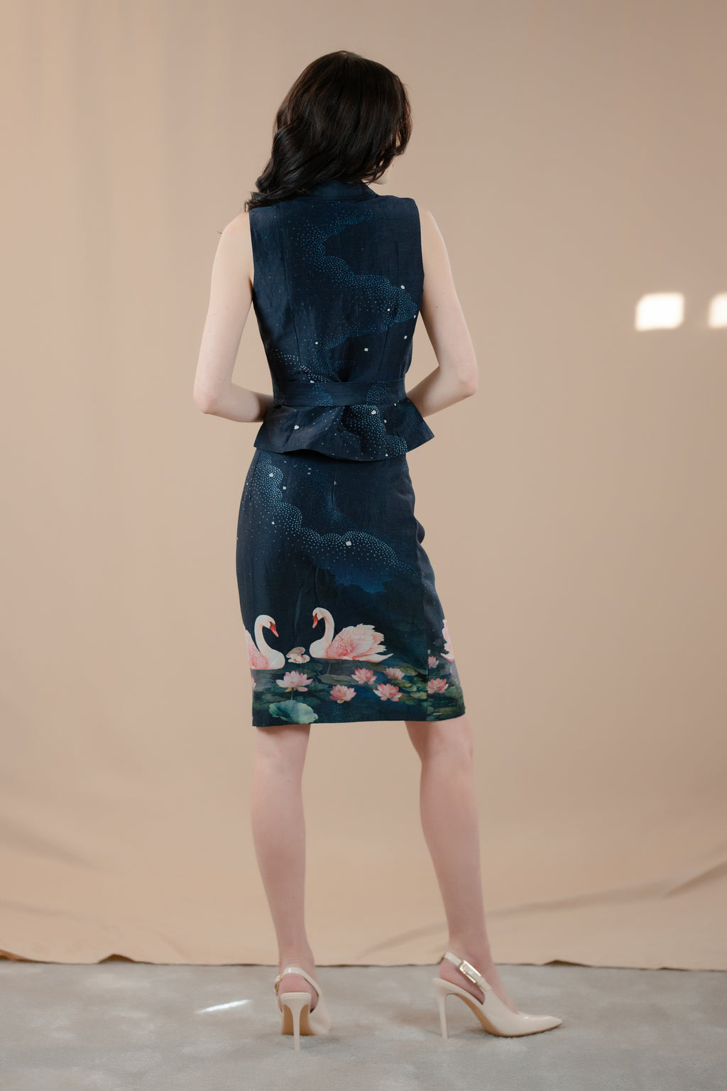 Navy Midnight Swan Embroidered Printed Top and Skirt Set