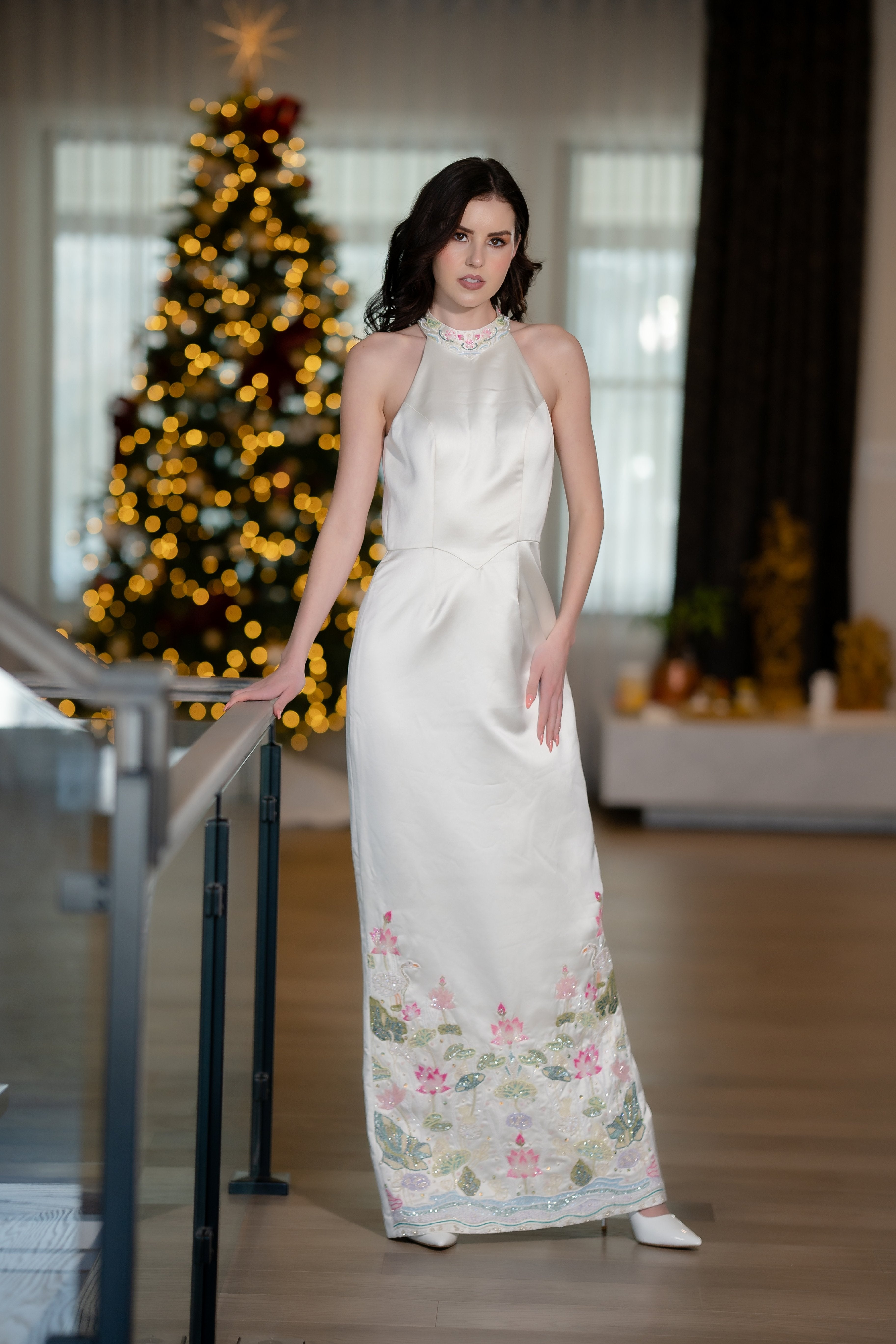 The Empress Ivory Embroidered Halter Gown