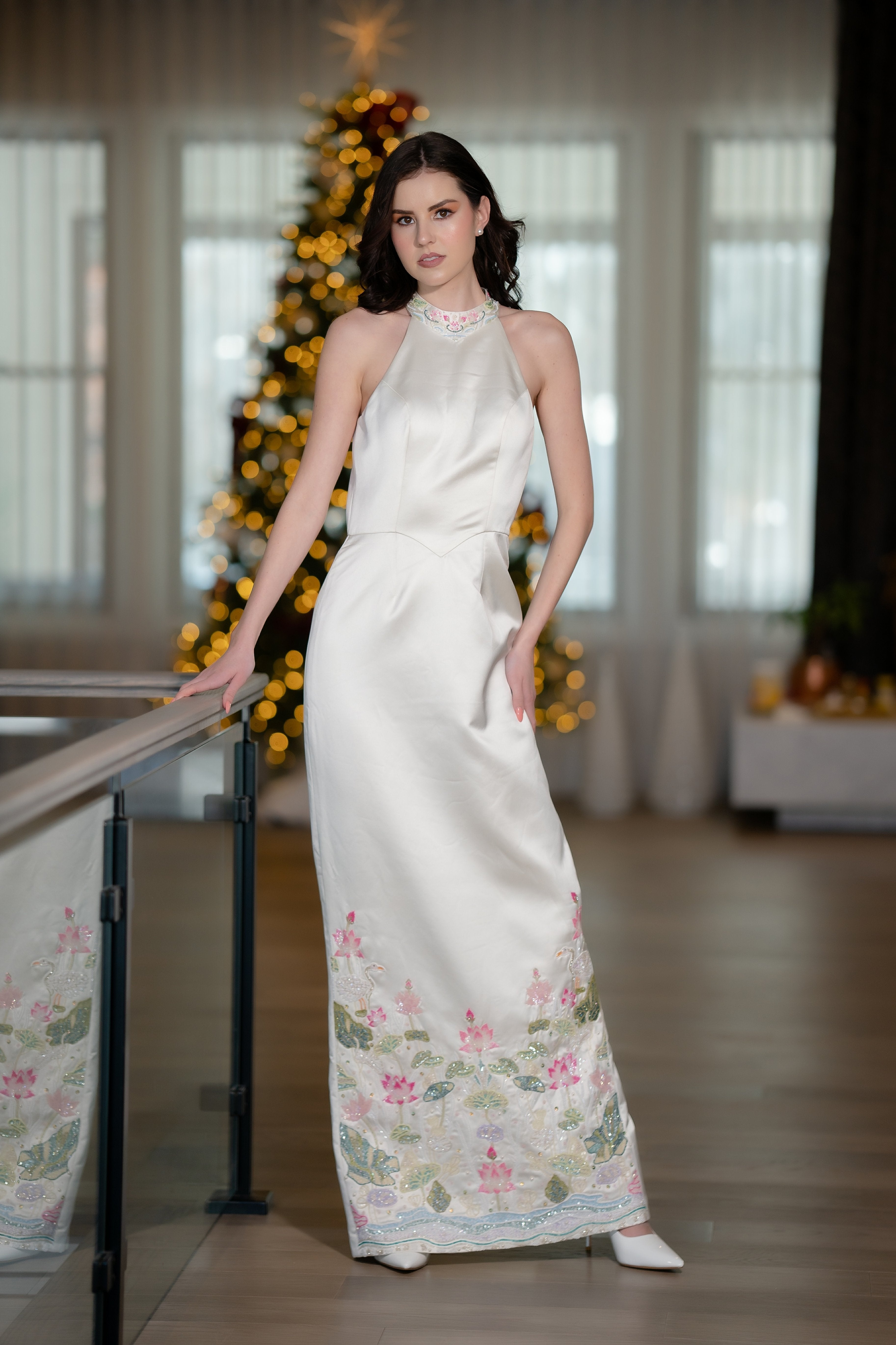 The Empress Ivory Embroidered Halter Gown