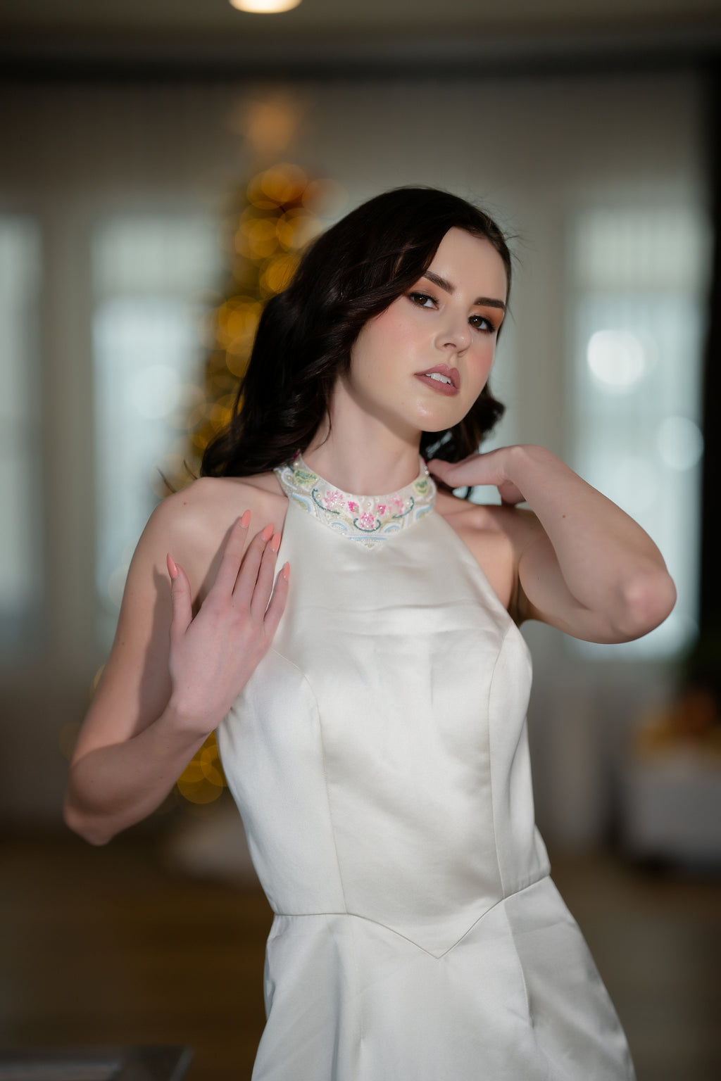 The Empress Ivory Embroidered Halter Gown with Cape