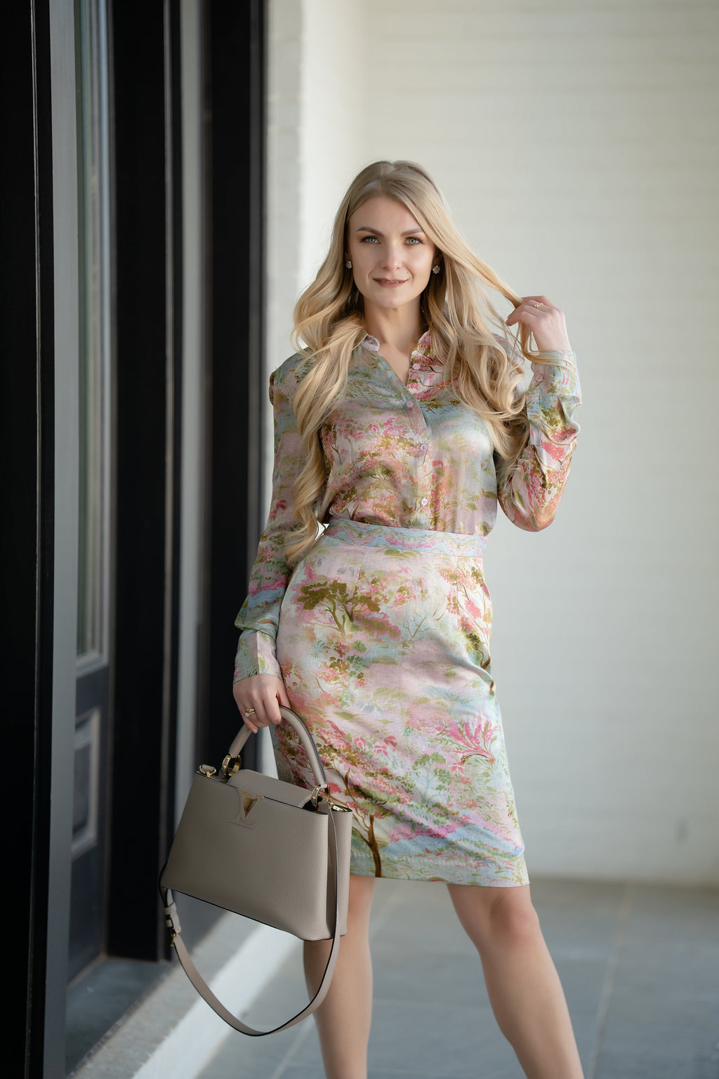 Zen Garden Floral Print Silk Top & Skirt Set