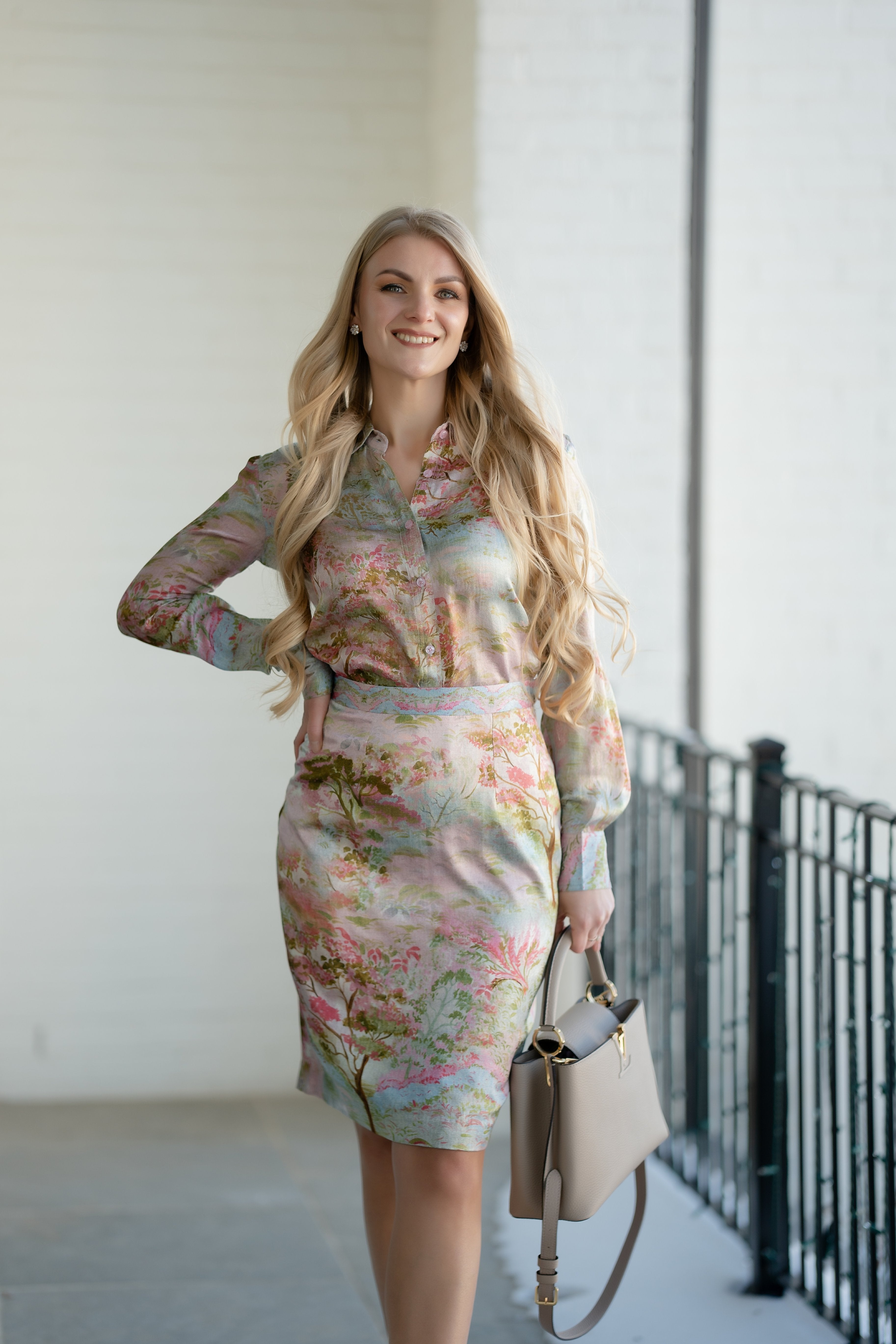Zen Garden Floral Print Silk Top & Skirt Set
