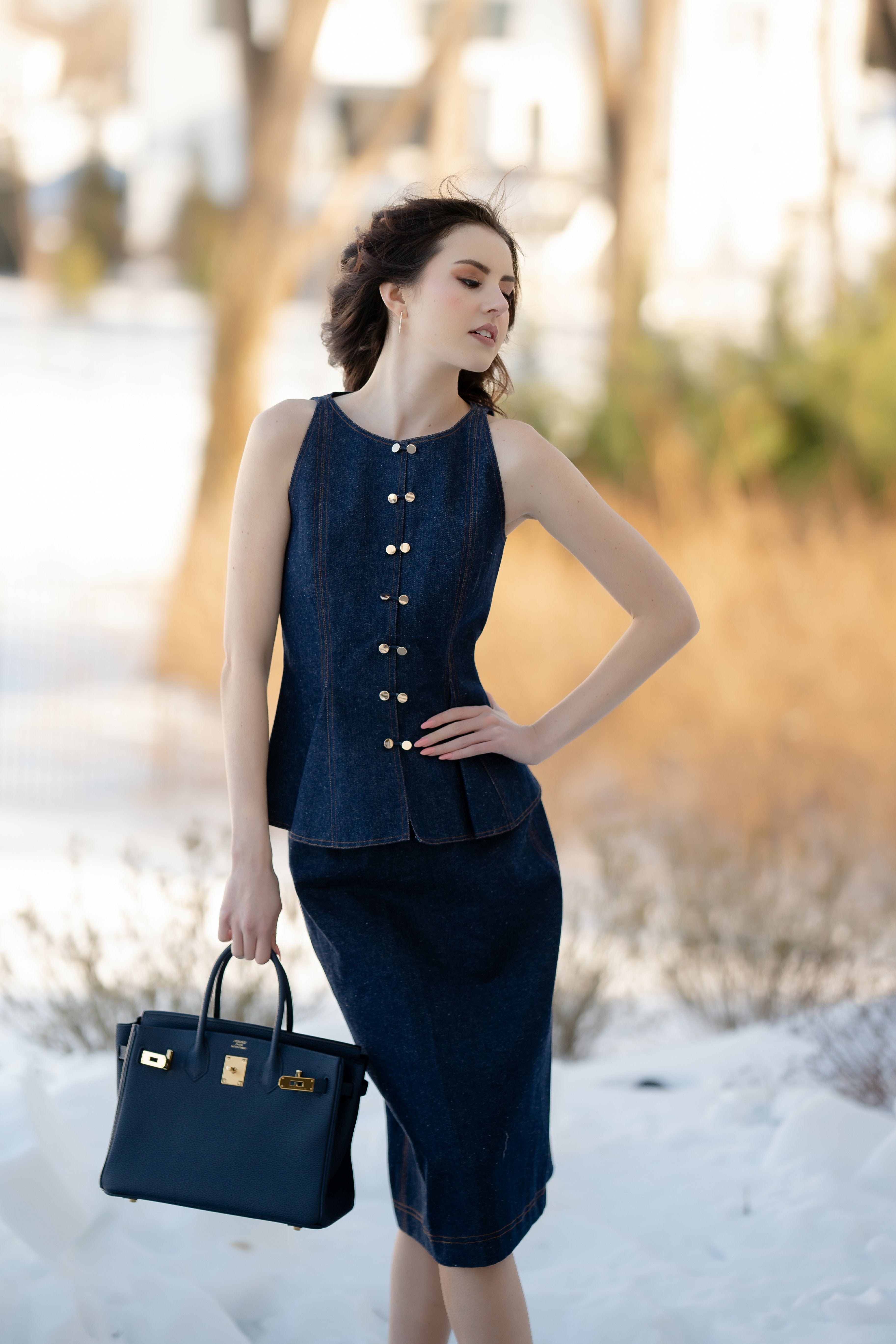 The Metro Denim Peplum Sheath Top & Skirt Set