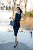 The Metro Denim Peplum Sheath Top & Skirt Set