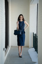 The Metro Denim Peplum Sheath Top & Skirt Set