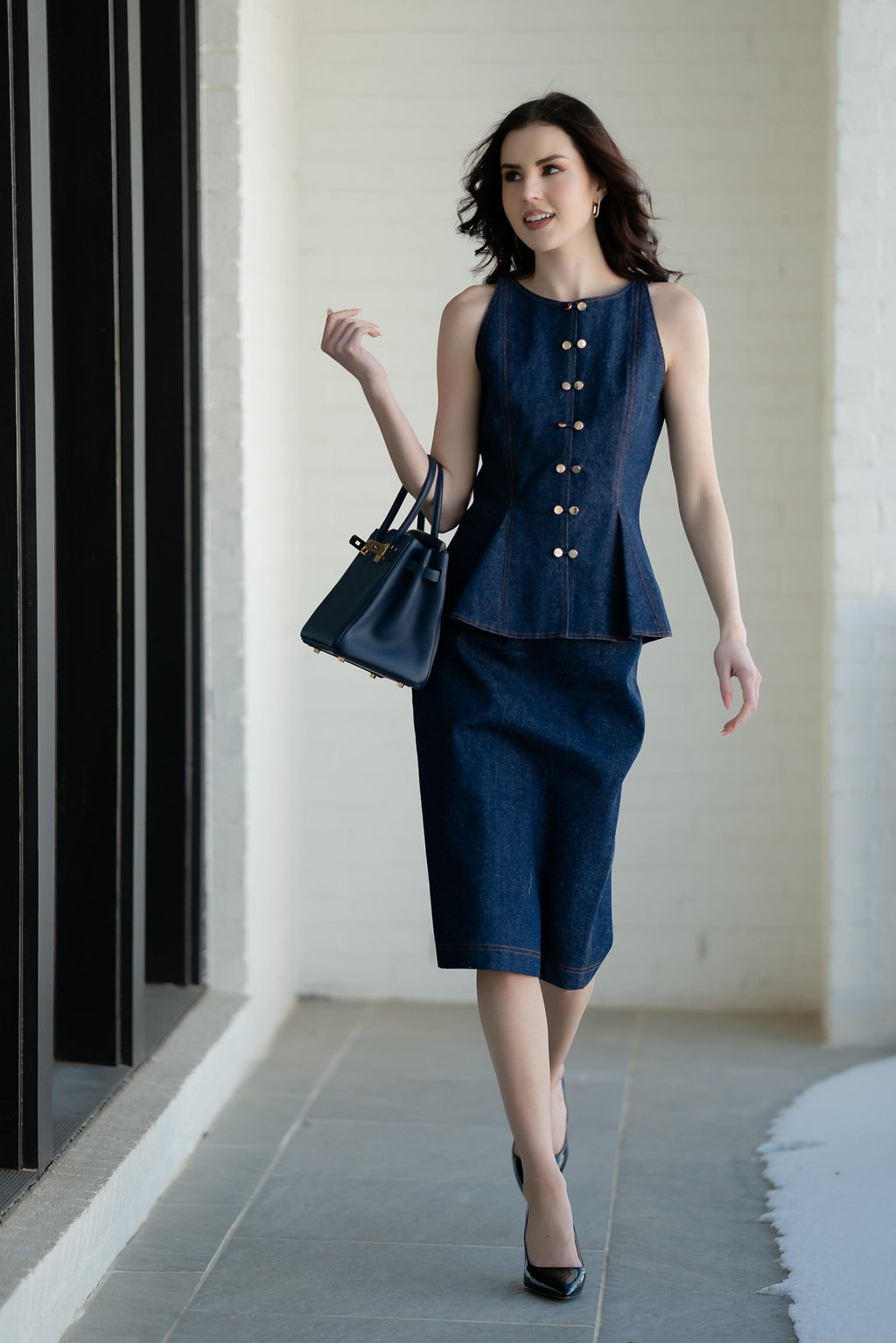The Metro Denim Peplum Sheath Top & Skirt Set