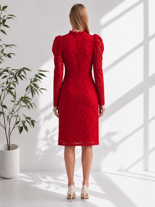 Scarlet Ruffle-Neck Lace Dress