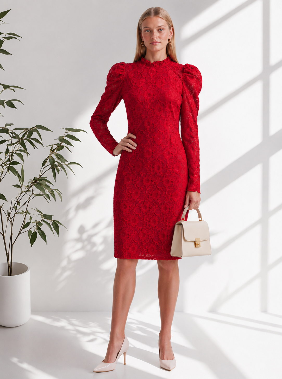 Scarlet Ruffle-Neck Lace Dress